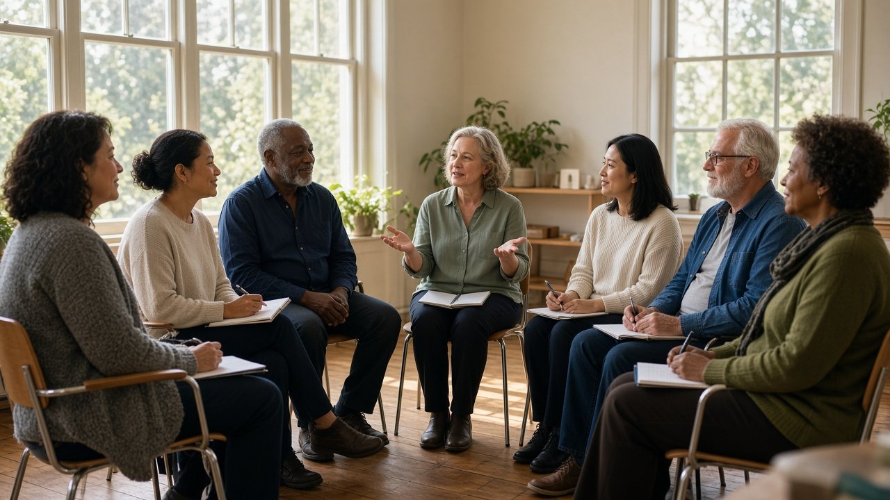 A small group of adults of different ages sits in a circle of chairs in a bright room, listening to one another