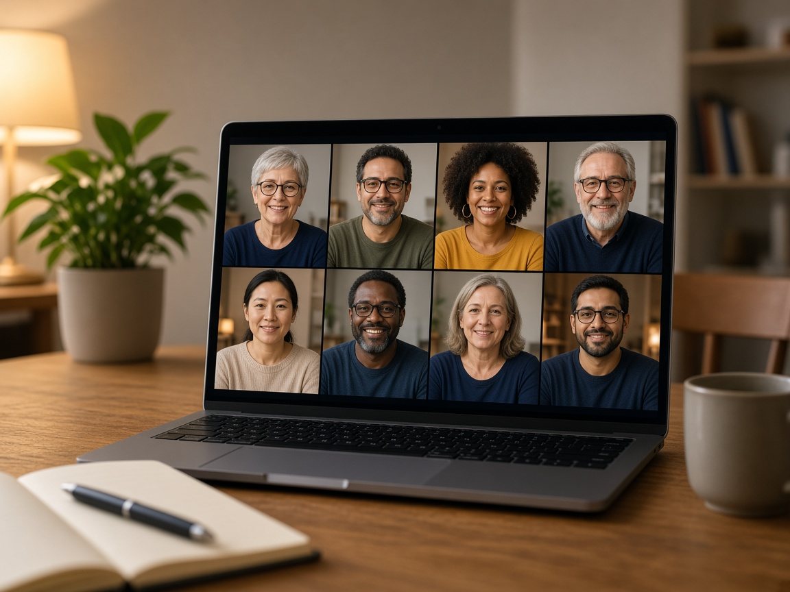 A laptop on a wooden table showing an online group video call with eight smiling adults of different ages and backgrounds