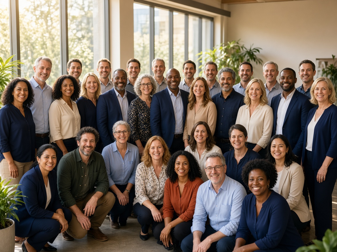 Illustrative image: a large, diverse group of adults standing together in a bright community room