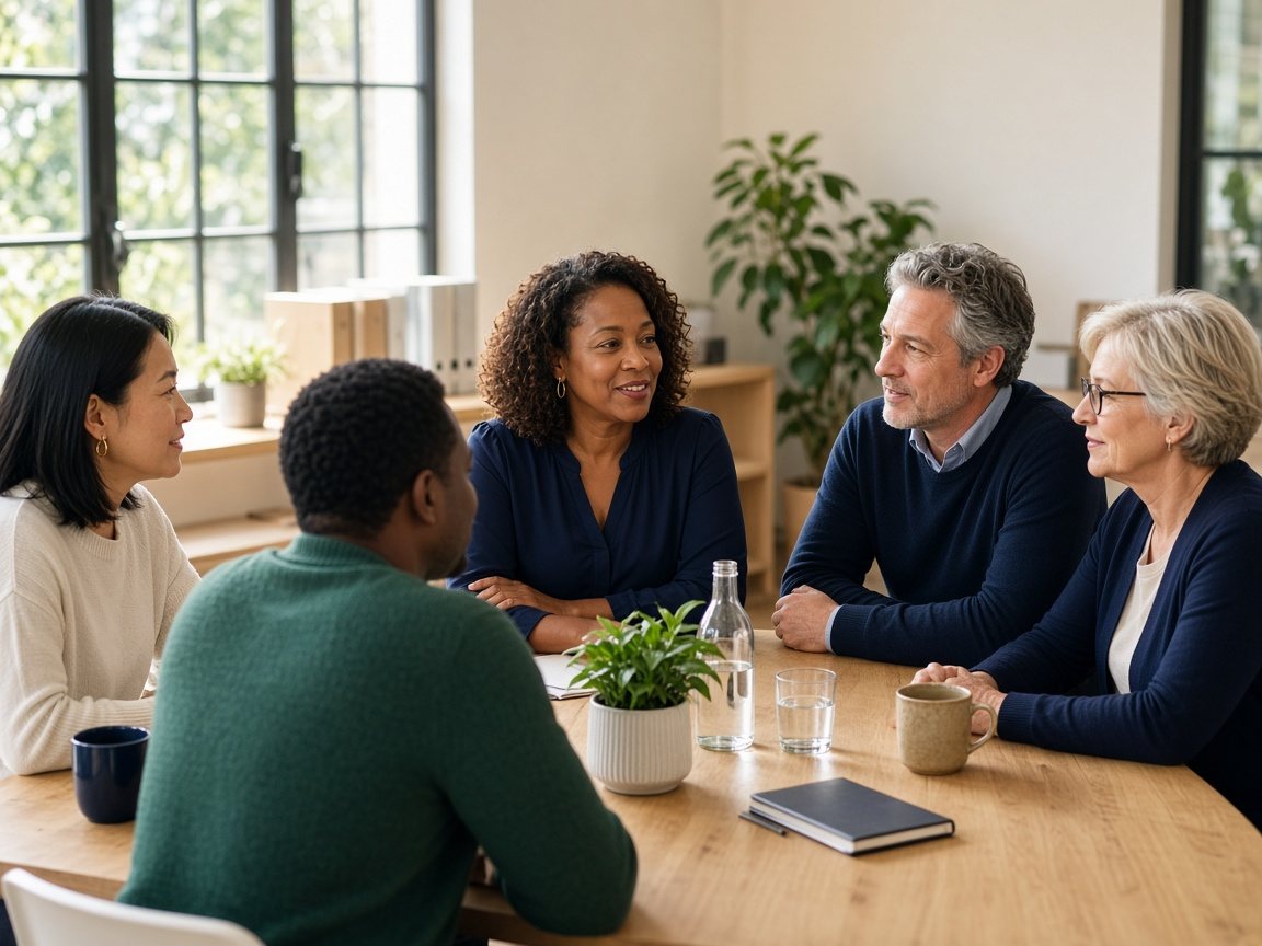 A manager in her fifties talks openly with a small, diverse team around a table in a bright meeting room