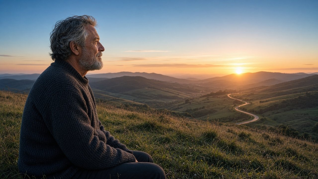 A man in his late fifties stands on a hill at sunrise, looking out calmly over the landscape