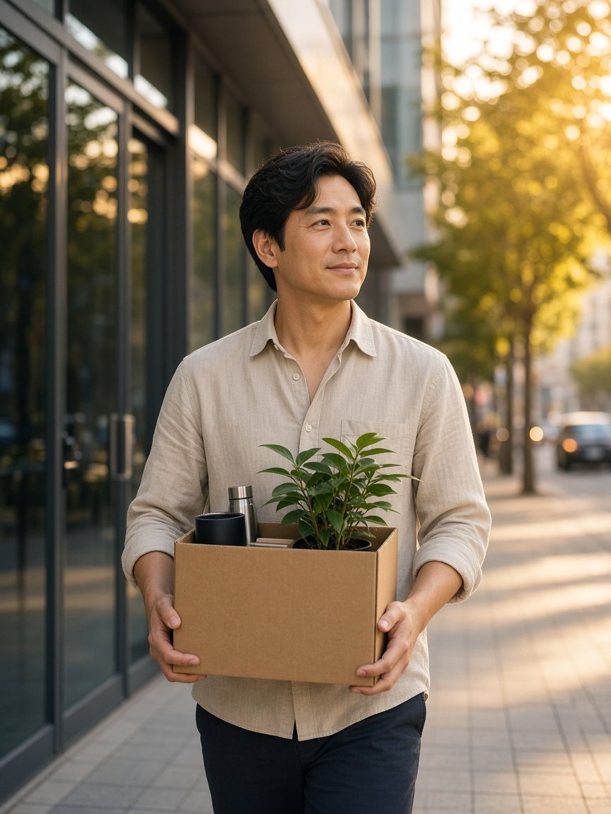 A man in his forties walks out of an office building in golden afternoon light, carrying a box with a plant, calm and looking ahead