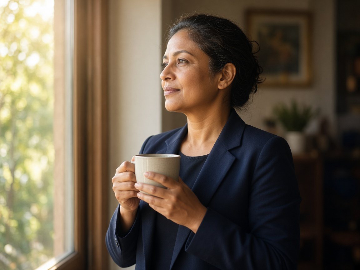 A woman in her forties looks out of a sunlit window, calm and thoughtful, holding a cup of tea